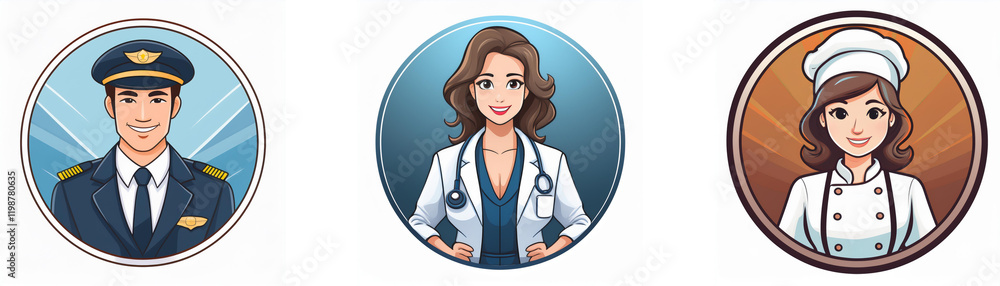 Three circular profile icons depict diverse professions: a pilot, a doctor, and a chef. Each person is illustrated in a friendly, approachable style. Three circular profile icons depict diverse professions: a pilot, a doctor, and a chef. Each person is illustrated in a friendly, approachable style.