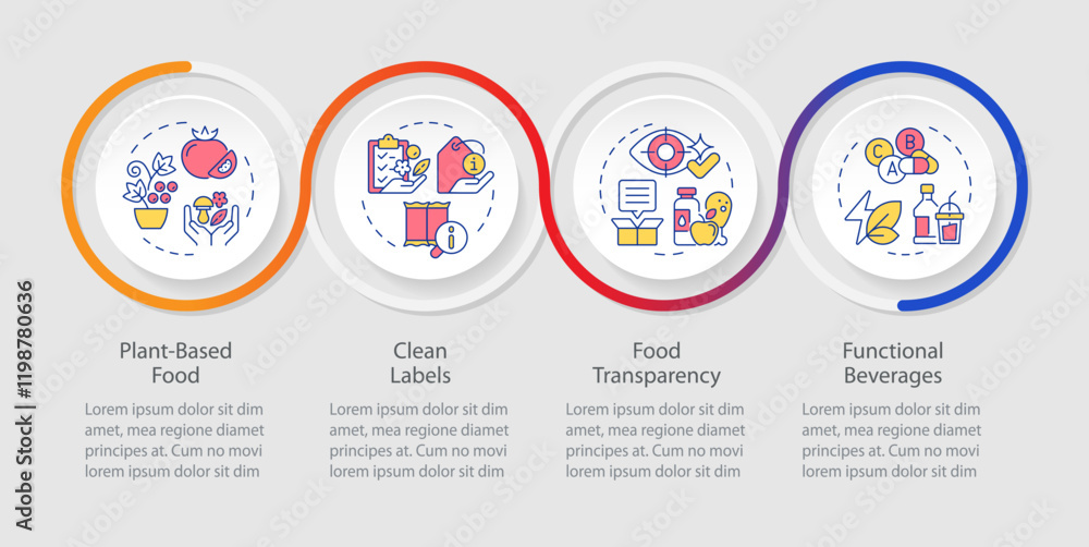 Food security measures infographics circles sequence. Industry standards, products safety. Visualization layout with 4 steps. Info chart loop process presentation. Myriad Pro-Regular font used Food security measures infographics circles sequence. Industry standards, products safety. Visualization layout with 4 steps. Info chart loop process presentation. Myriad Pro-Regular font used