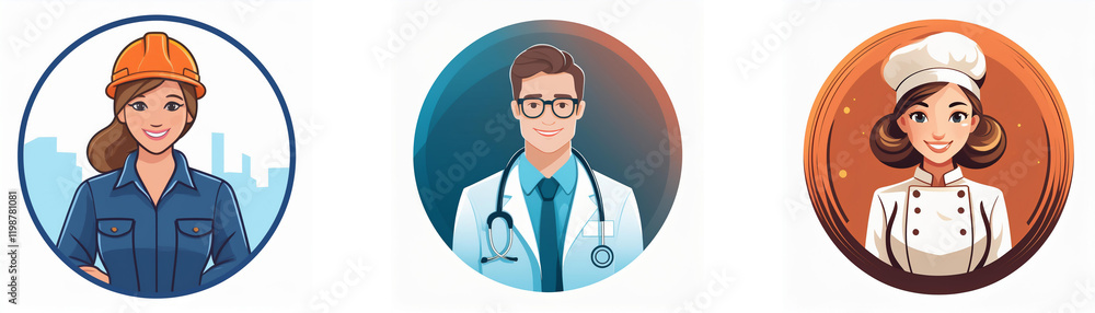 Three diverse professionals: a female engineer, a male doctor, and a female chef. Circular profile icons showcase their careers. Three diverse professionals: a female engineer, a male doctor, and a female chef. Circular profile icons showcase their careers.