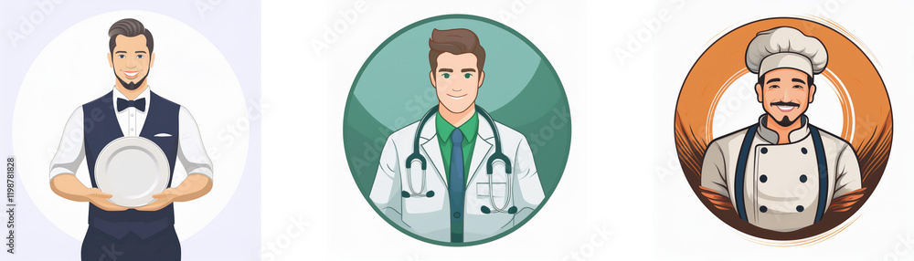Three circular icons depict professionals: a waiter holding a plate, a doctor with a stethoscope, and a chef in a hat. Each icon is simple and uses a flat design. Three circular icons depict professionals: a waiter holding a plate, a doctor with a stethoscope, and a chef in a hat. Each icon is simple and uses a flat design.