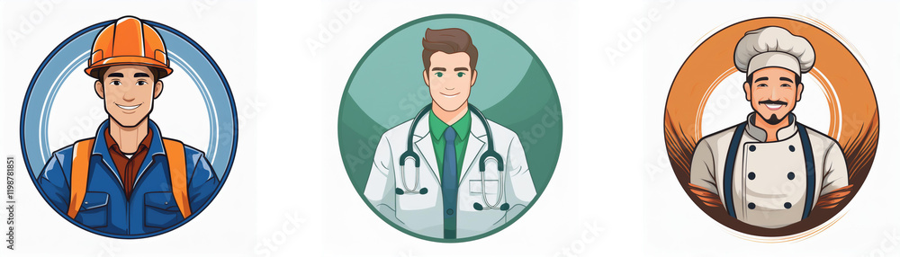 Fototapeta premium Three circular profile icons depict a construction worker, doctor, and chef. Each professional is illustrated in a cartoon style.
