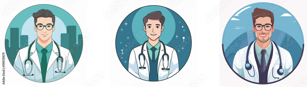 Fototapeta premium Three circular illustrations depict male doctors in lab coats, stethoscopes, and glasses, against different backgrounds: cityscape, night sky, and mountains.