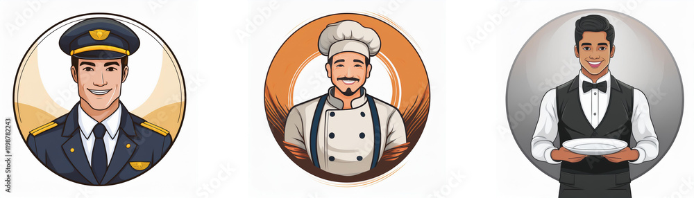 Three circular portraits showcase diverse professions: a pilot in uniform, a chef in his toque, and a waiter holding a plate. Illustrative style. Three circular portraits showcase diverse professions: a pilot in uniform, a chef in his toque, and a waiter holding a plate. Illustrative style.