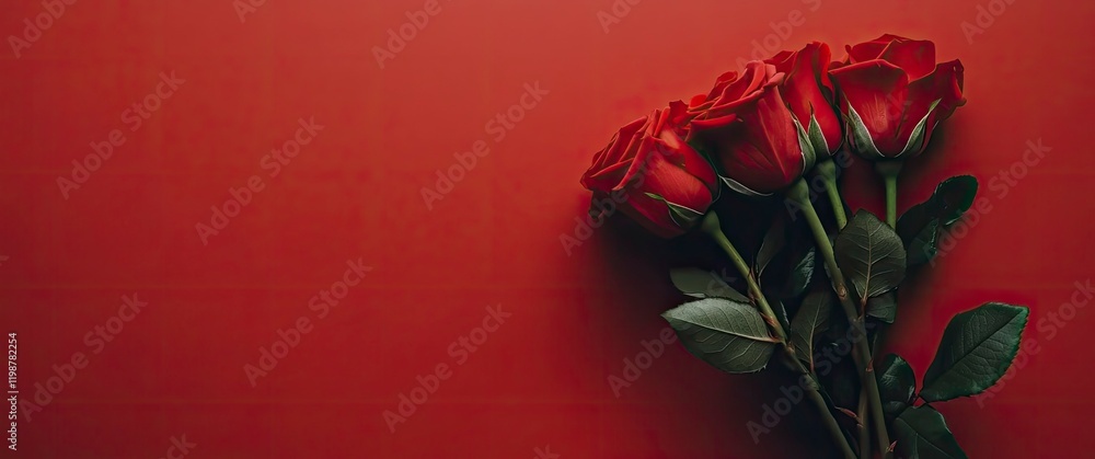 Red roses on red background with copy space and space for your message or logo. Valentine's day banner template design Red roses on red background with copy space and space for your message or logo. Valentine's day banner template design