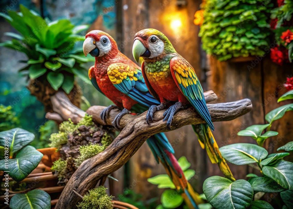 Obraz premium Vibrant Parrot Figurines on Lush Green Branch - Urban Exploration Photography
