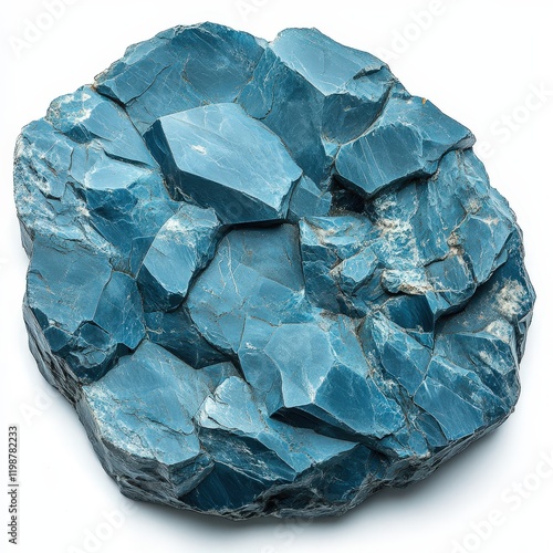 Close-up view of a large, rough, blue stone with a variety of textures and facets against a white background. photo