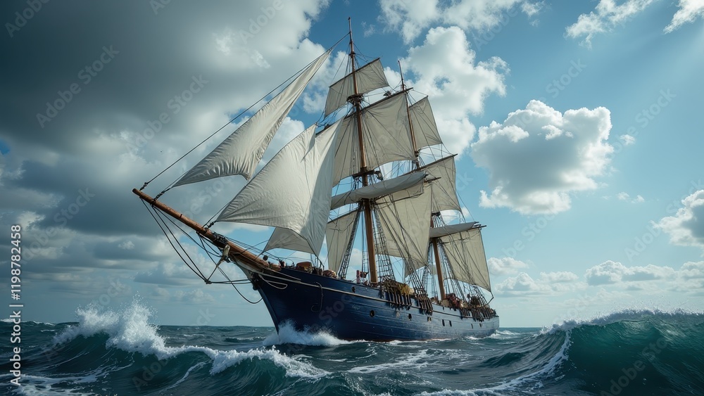 Obraz premium A majestic three-masted sailing ship glides through azure waters, its blue hull gleaming under sunlight as white sails billow gracefully with the ocean breeze