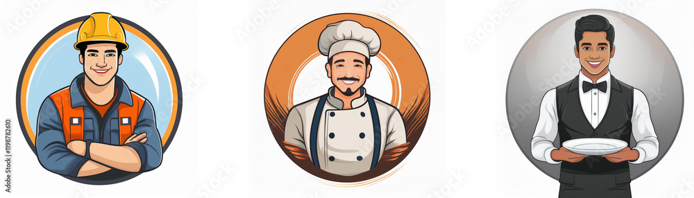 Three circular illustrations depict diverse professions: a construction worker, a chef, and a waiter. Each image features a smiling person in professional attire. Three circular illustrations depict diverse professions: a construction worker, a chef, and a waiter. Each image features a smiling person in professional attire.