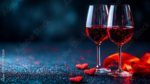 Elegant Pair of Wine Glasses Filled with Sparkling Red Liquid, Surrounded by Romantic Decor on a Dark Background, Perfect for Celebrations and Special Occasions photo