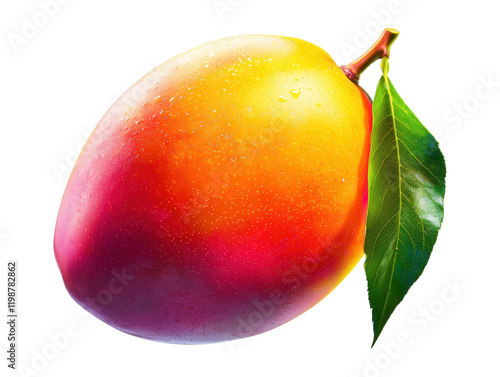 Fresh and Juicy Mango with Water Droplets and Green Leaf