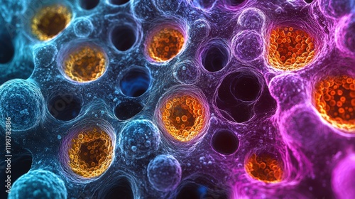 Microscopic view of cells with vibrant colors and intricate details, showcasing their complex structures. photo