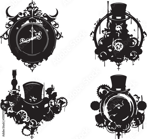 A set of minimalistic steampunk silhouettes for flat design. Hand drawn vector illustration