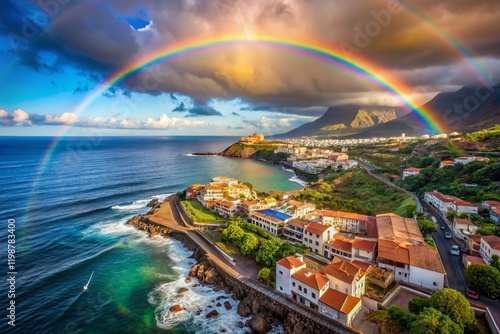 Vibrant Rainbow Arcing Over Puerto de Santiago, Tenerife, Canary Islands