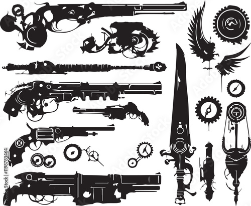 A set of minimalistic steampunk silhouettes for flat design. Hand drawn vector illustration