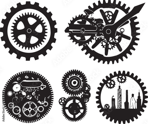 A set of minimalistic steampunk silhouettes for flat design. Hand drawn vector illustration