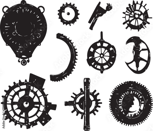 A set of minimalistic steampunk silhouettes for flat design. Hand drawn vector illustration
