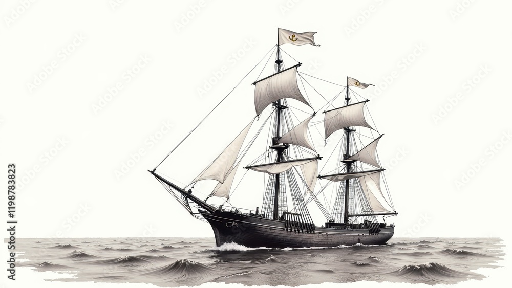 Obraz premium A majestic three-masted sailing ship glides across a vast ocean, its pristine white sails billowing against a stark black and white seascape, capturing the essence of adventure on the high seas