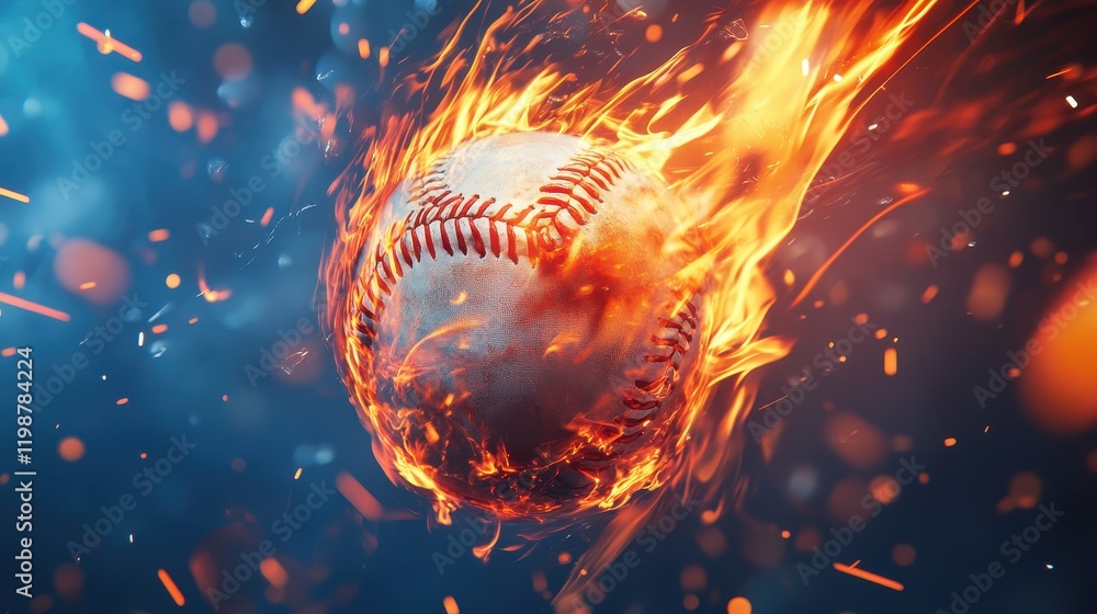 Flying baseball in flames on black background,Hot baseball ball in fires flame,Closeup Baseball player hitting ball with bat,home run,baseball field with grandstand,sport day,space for text. Flying baseball in flames on black background,Hot baseball ball in fires flame,Closeup Baseball player hitting ball with bat,home run,baseball field with grandstand,sport day,space for text.