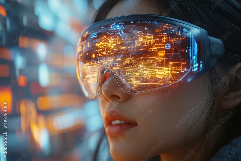A person wearing augmented reality glasses interacting with holographic projections. Generative AI A person wearing augmented reality glasses interacting with holographic projections. Generative AI