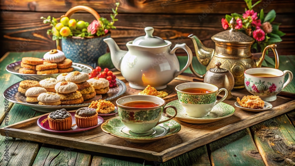 Elegant Tea Tray Set with Fine China and Delicate Treats, Ready for Afternoon Tea Elegant Tea Tray Set with Fine China and Delicate Treats, Ready for Afternoon Tea