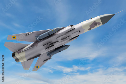 Ukrainian Skukhoi SU-24 supersonic tactical bomber with two Storm Shadow long-range air-launched cruise missiles - 3d rendering photo