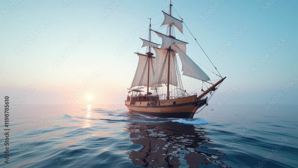 A majestic three-masted wooden sailing ship glides across the ocean, its white sails billowing gracefully with the breeze against the backdrop of deep azure waters. A majestic three-masted wooden sailing ship glides across the ocean, its white sails billowing gracefully with the breeze against the backdrop of deep azure waters.