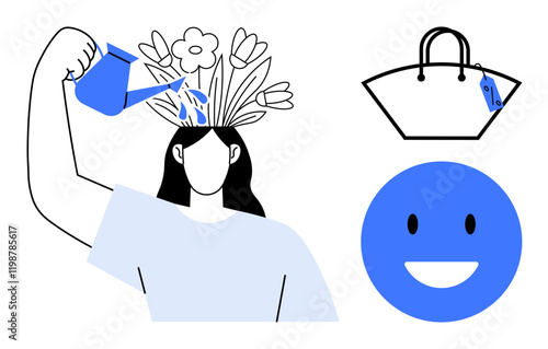 Woman waters flowers growing from her head with blue watering can symbolizing personal growth. Blue tote bag with tag and smiling happy face in blue circle. Ideal for self-care, personal development