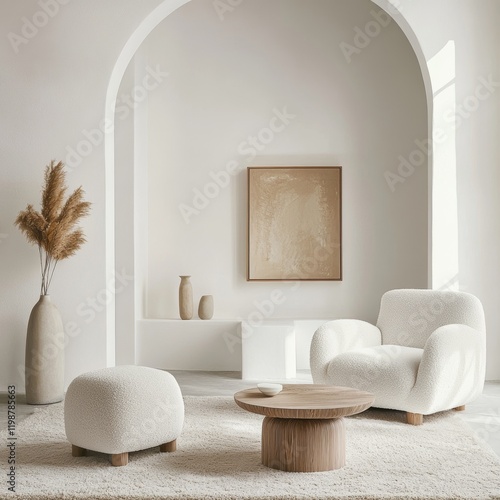 A stylish minimalist living room with neutral tones, featuring modern furniture and elegant decor in a bright, airy space.