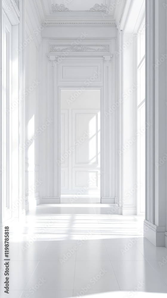 Fototapeta premium A spacious white gallery interior featuring elegant architectural details. Ideal for showcasing art, this minimalist setting invites creativity and inspiration.