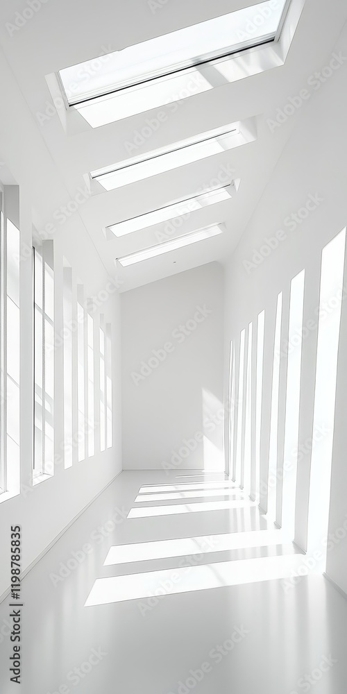 Obraz premium A bright, modern gallery featuring skylights that enhance the clean white interior. This serene space is characterized by sleek lines, soft shadows, and minimalist design.