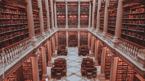 Grand library interior, classical architecture, studying students, bookcases, education photo