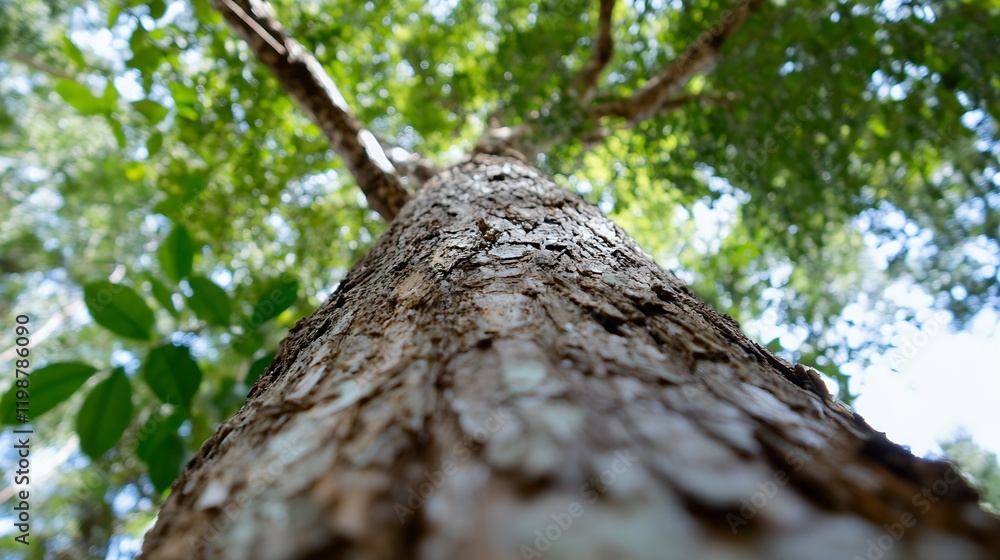 Looking Upward at a Tall Tree Trunk Amidst Green Canopy in Lush Forest Setting : Generative AI Looking Upward at a Tall Tree Trunk Amidst Green Canopy in Lush Forest Setting : Generative AI