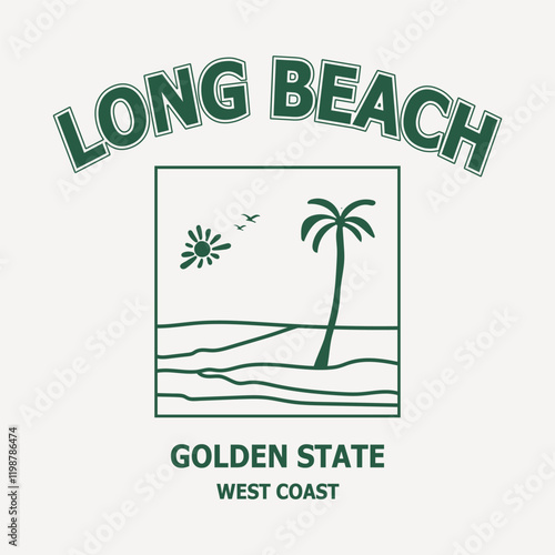 Minimalist Long Beach design featuring palm tree, sun, and ocean waves. Inspired by the Golden State and West Coast vibes. Perfect for apparel, posters, or souvenirs.