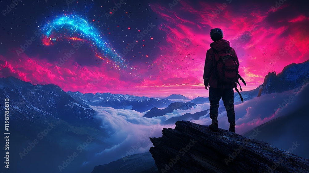 Fototapeta premium Romantic Evening Sky with Fireflies Glowing Above a Scenic Mountain Landscape, Capturing the Magic of Nature and Enchantment Under Cosmic Wonders