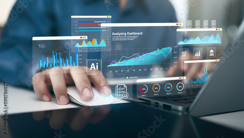 Businessman using laptop computer analyzing sales data, financial growth graph chart report. Data analysis with Ai technology. Business planning, strategy and development, Accounting. market research