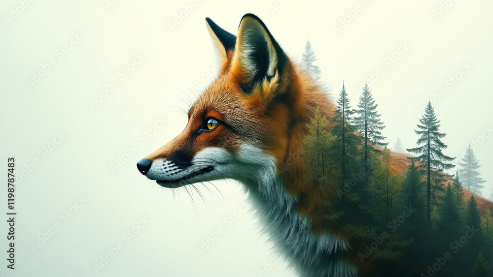 Obraz premium Double exposure portrait of a fox blends with an ancient green forest