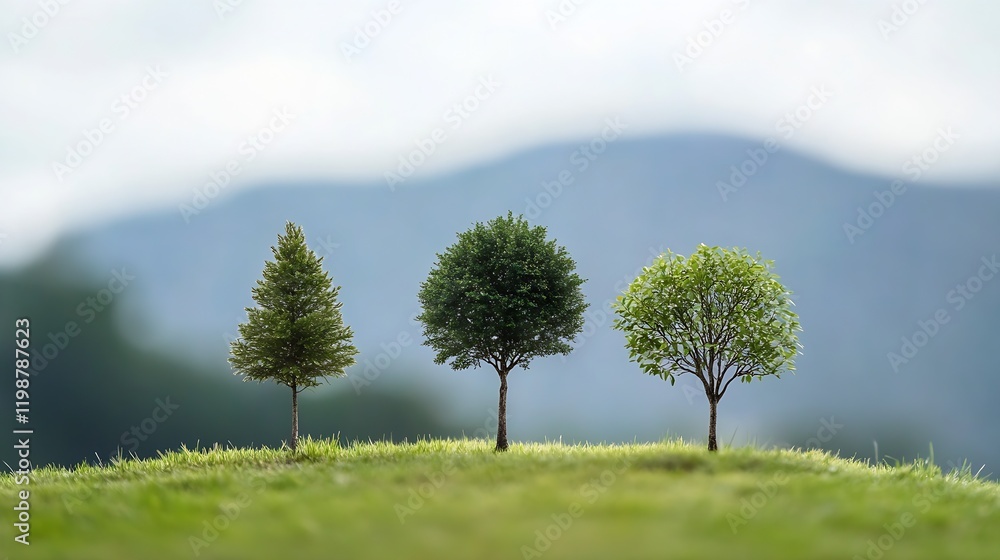 Fototapeta premium Tranquil Landscape with Three Diverse Trees on a Sunny Day for Nature and Environment Themes : Generative AI