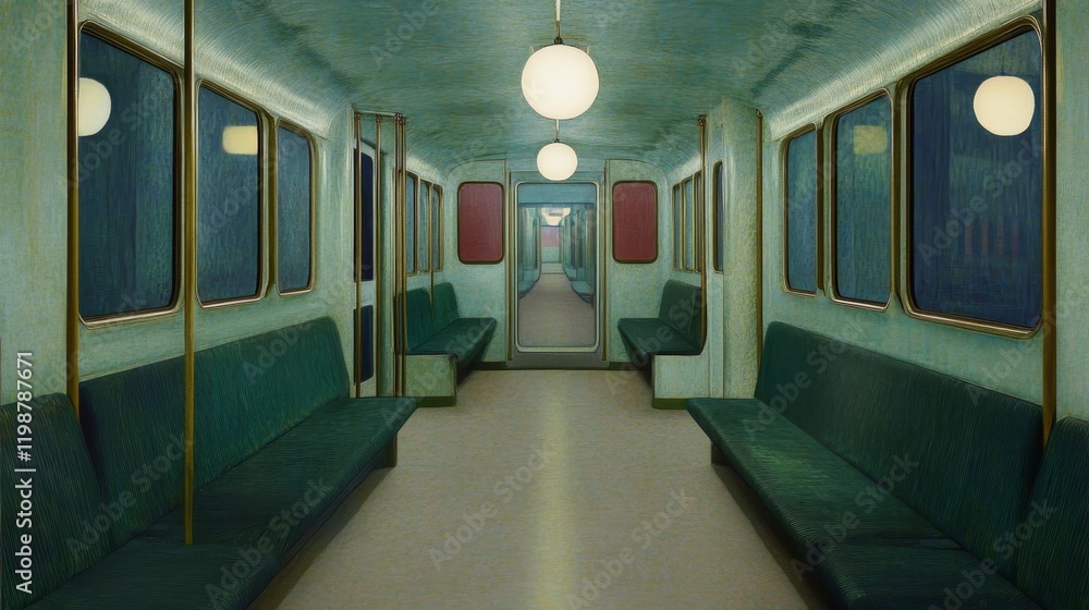 Fototapeta premium Vintage Subway Interior with Green Seats and Retro Lighting