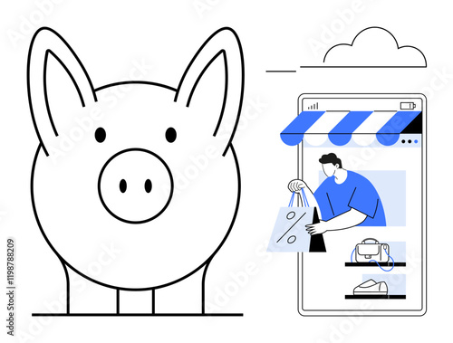 Large piggy bank paired with a man shopping on smartphone, cloud overhead. Ideal for e-commerce, finance management, online retail, savings, digital transactions, consumer behavior, contemporary