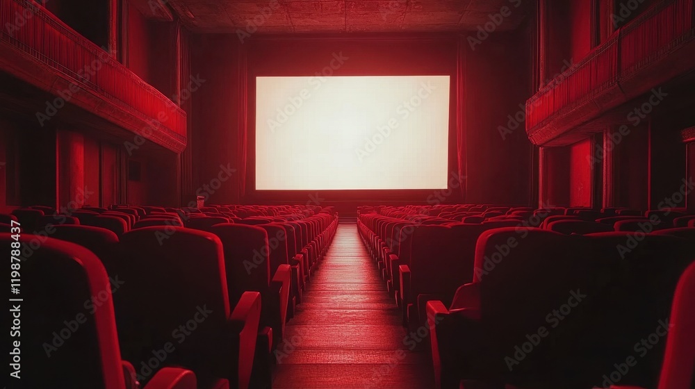 Fototapeta premium People in the cinema auditorium with Cinema blank wide screen and red chairs in the cinema hall,People silhouettes watching movie performance,empty white screen,space for text,copy space.