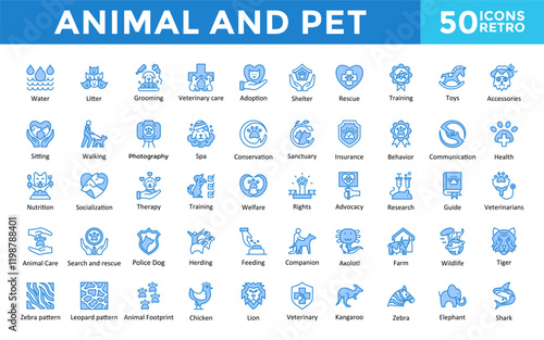 Animal and Pet icon set with food, water, litter ,grooming ,veterinary care, adoption, shelter, rescue, training, toys, accessories icon. Simple retro vector 
