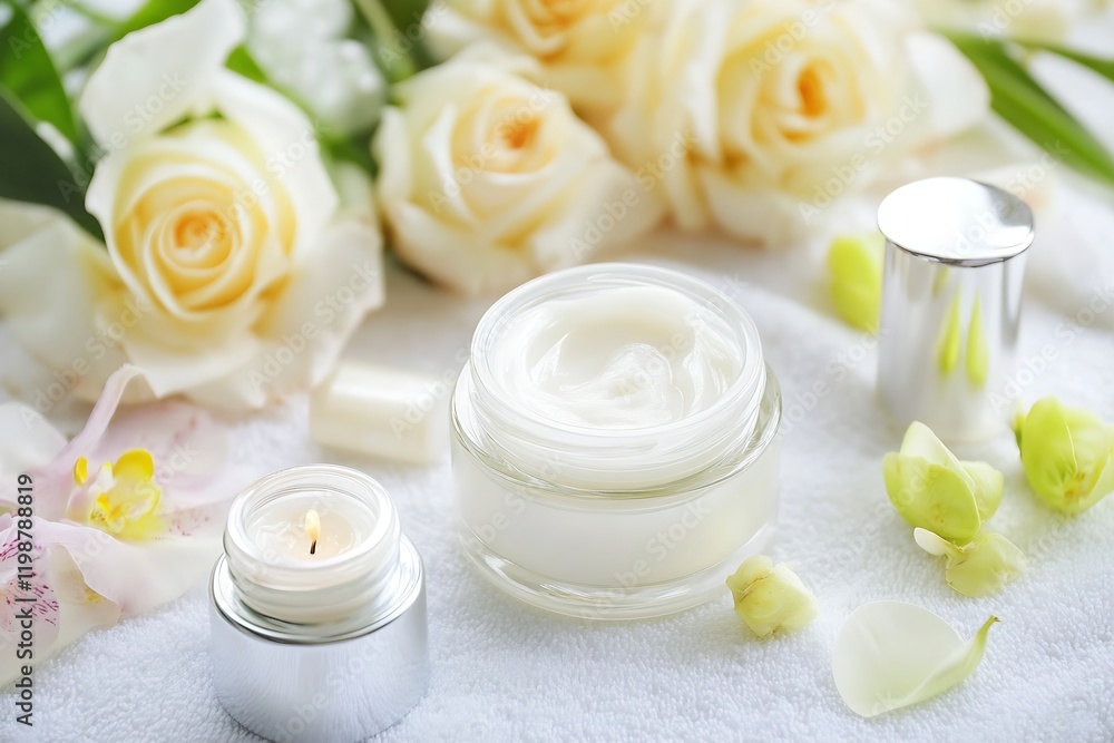 Luxurious Skincare and Aromatherapy Setup with Roses and Candles : Generative AI Luxurious Skincare and Aromatherapy Setup with Roses and Candles : Generative AI