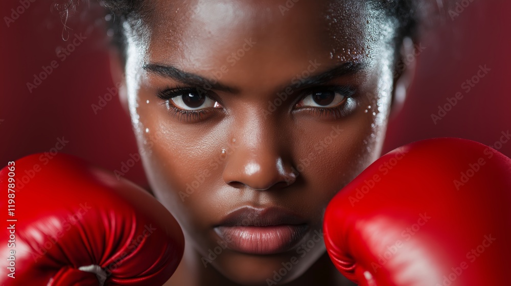 Determined Female Boxer with Red Gloves Focused on Intensity and Strength Determined Female Boxer with Red Gloves Focused on Intensity and Strength