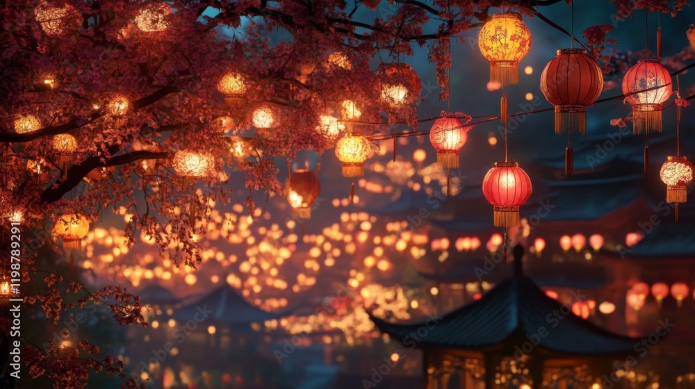 Naklejka premium Enchanted Asian City at Night with Cherry Blossoms and Glowing Lanterns