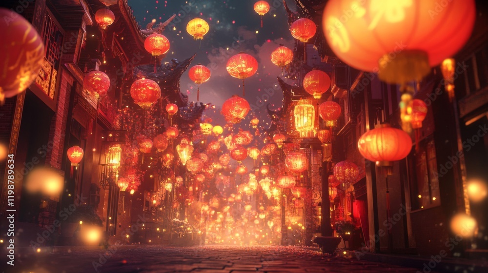 Obraz premium Enchanted Asian Street at Night with Glowing Red Lanterns