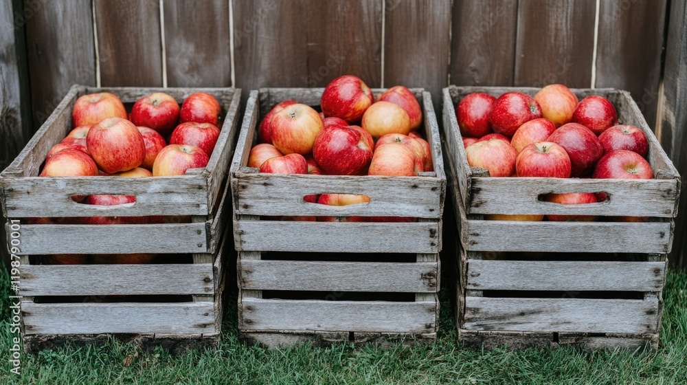 Fresh red apples in rustic wooden crates on grass against wooden fence Fresh red apples in rustic wooden crates on grass against wooden fence