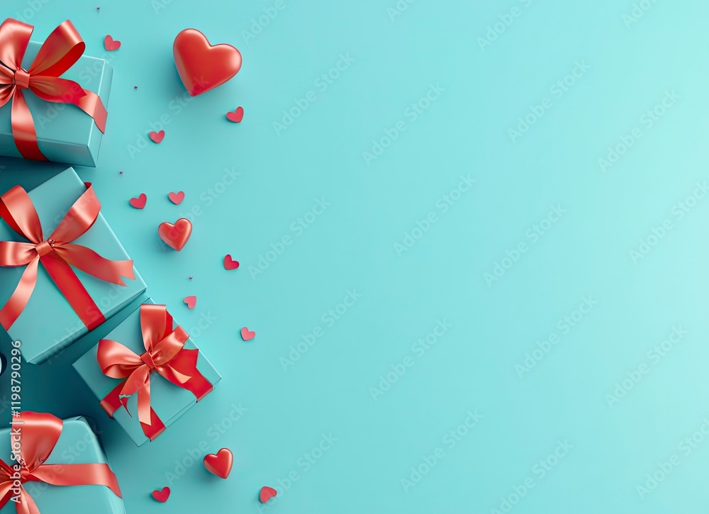 Valentine's Day background with gift box, red ribbon, and paper hearts on a pastel blue tabletop. Love concept for a Happy Mother's Day or Valentine's Day holiday banner design Valentine's Day background with gift box, red ribbon, and paper hearts on a pastel blue tabletop. Love concept for a Happy Mother's Day or Valentine's Day holiday banner design