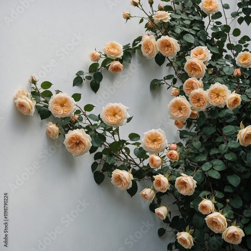 An intricate vine of roses climbing up a white wall.