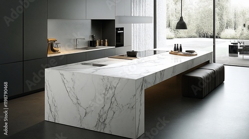 Modern kitchen with large marble island, gray cabinets, and minimalist design. photo