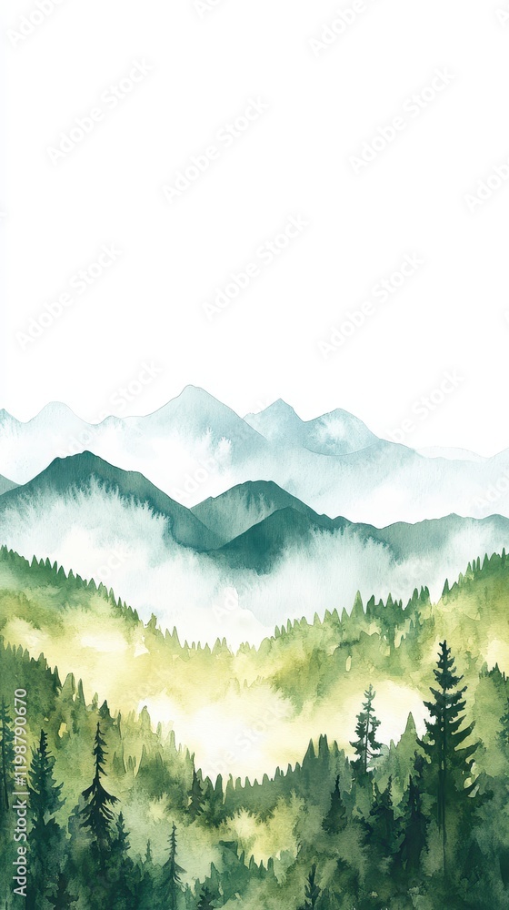 Fototapeta premium Watercolor of landscape forest misty mountains horizon and fog and hills,pine tree fir tree,Autumn forest background,drawn by hand,Autumn illustration design elements for landscape,wallpaper.
